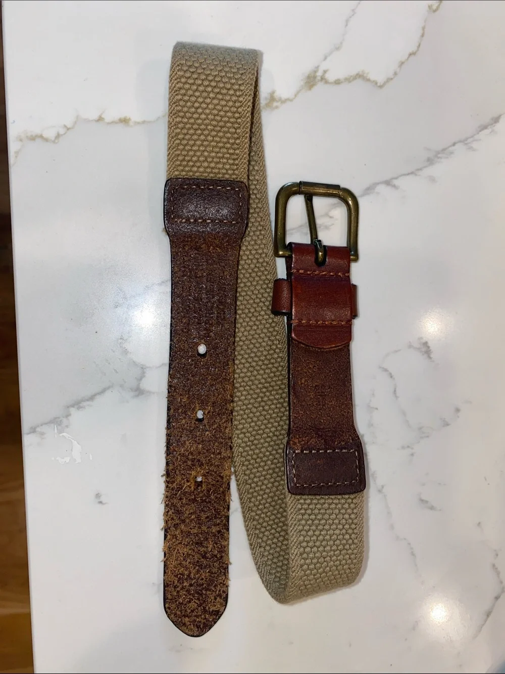Polo by Ralph Lauren Brown Leather & Tan Canvas boys Belt with Brass Buckle